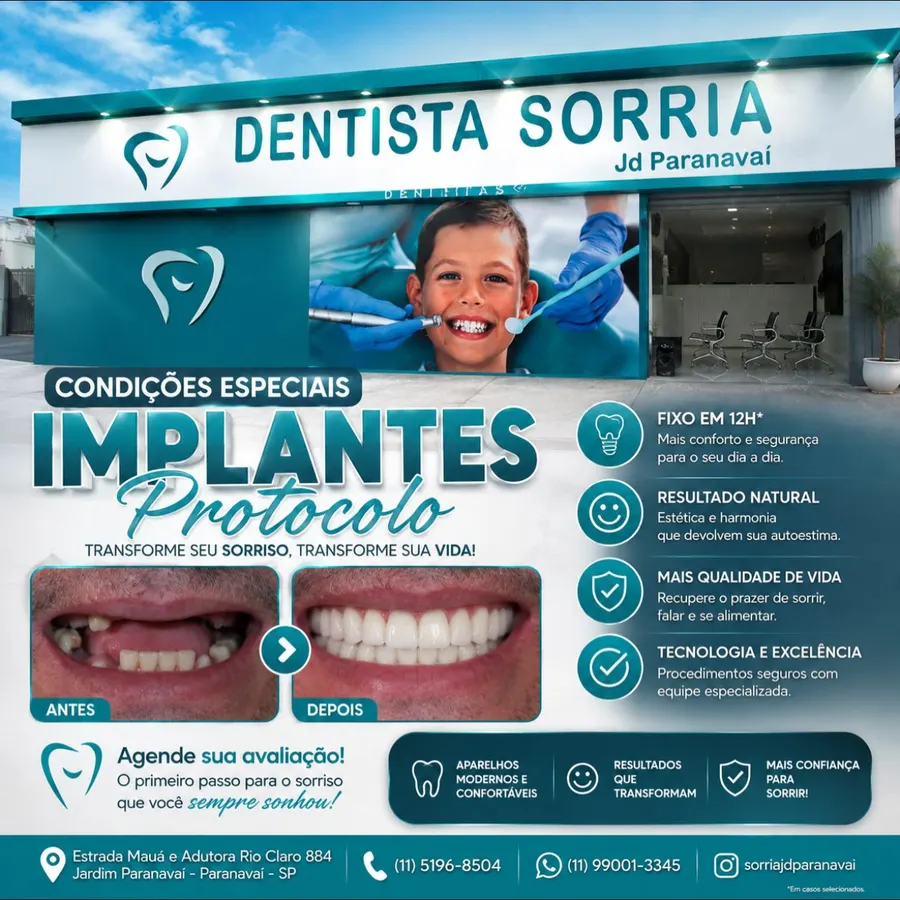 Fachada da clínica Dentista Sorria Jd Paranavaí com arte sobre implantes protocolo