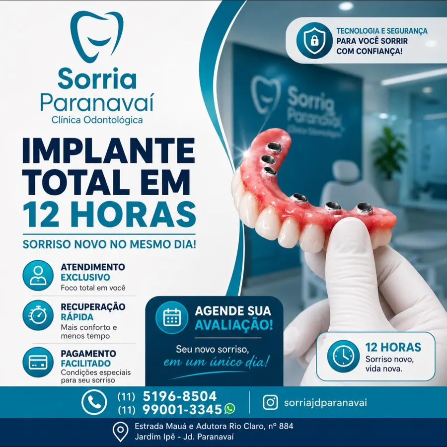 Arte da Sorria Paranavaí sobre implante total com sorriso novo no mesmo dia